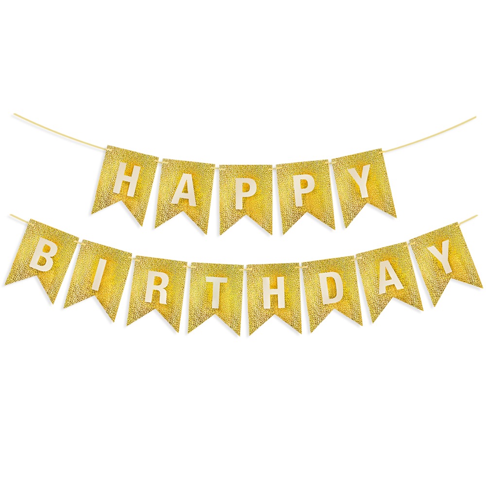 Гирлянда Флажки, Happy Birthday, Золото, Голография, 350 см, 17*12 см, 1 упак.