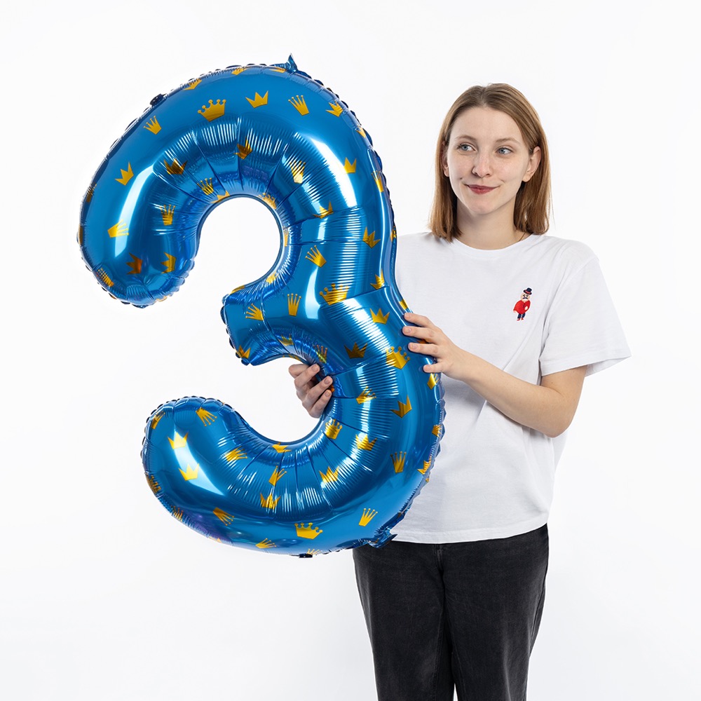 Falali (34''/86 см) Цифра, 3 Золотые короны, Голубой, 1 шт. в уп. 3