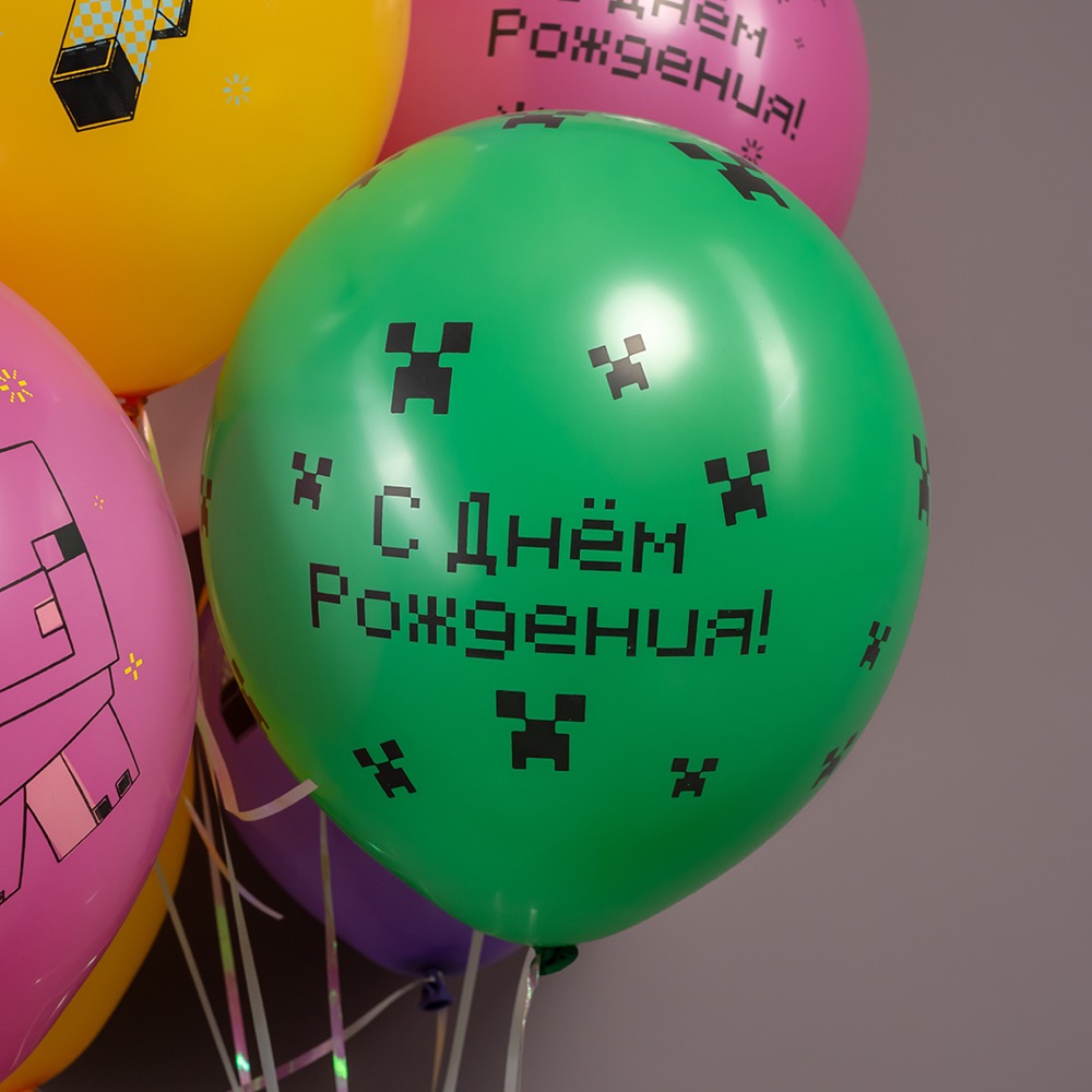 Волна веселья (12''/30 см) С Днем Рождения! Пиксельный Герой, Ассорти, пастель, 2 ст, 25 шт. 6